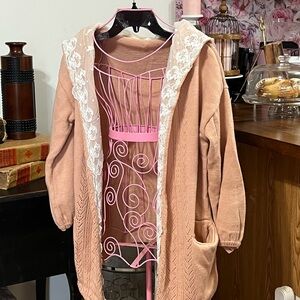 Elegant Lace-Trimmed Pink Sweater